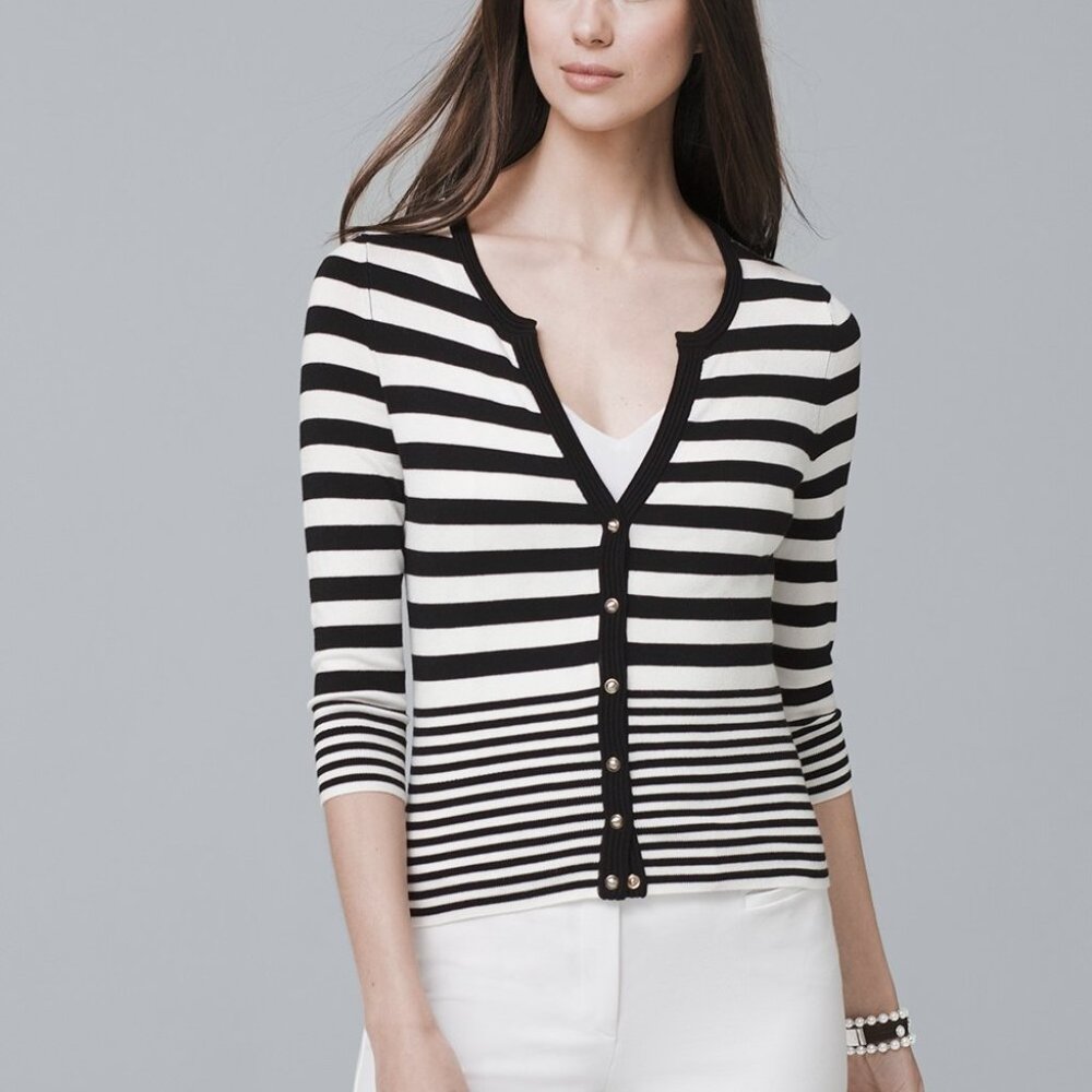 whbm size xs striped cardigan white black button sweater 3 quarter sleeve
